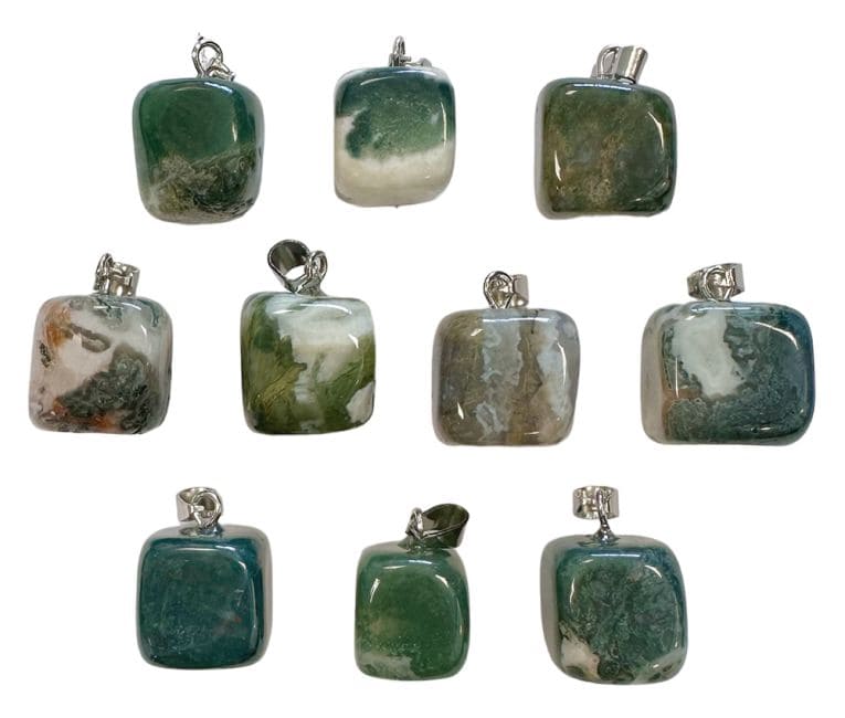 Moss Agate tumbled stone pendant x 10