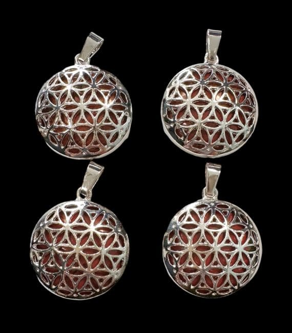 Metal Pendant Flower of Life Red Jasper 25mm x4