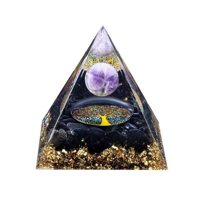 Orgonite Pyramid Amethyst & Black Obsidian Tree of Life