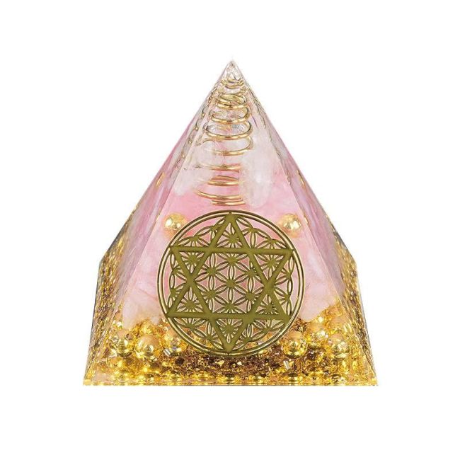 Orgonite Pyramid Rock Crystal & Rose Quartz Flower of Life Pentacle