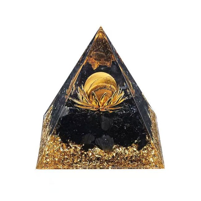 Orgonite Pyramid Tiger's Eye and Black Obsidian Lotus