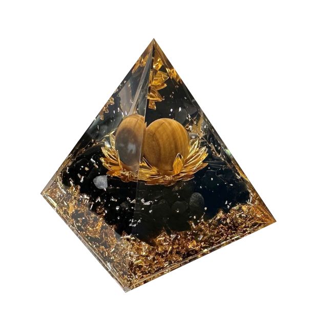 Orgonite Pyramid Tiger's Eye and Black Obsidian Lotus