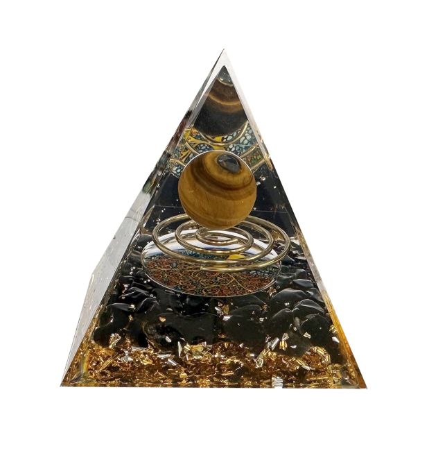 Orgonite Pyramid Tiger's Eye & Black Obsidian Tree of Life & Spiral