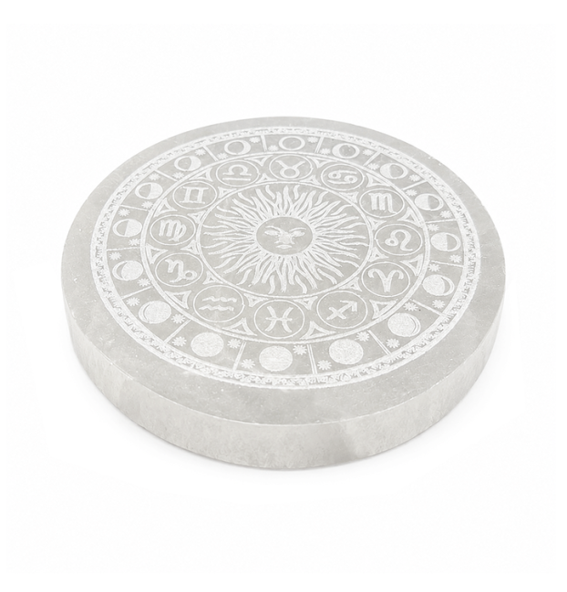 Selenite Circular Zodiac Wheel Plate 12cm 350g