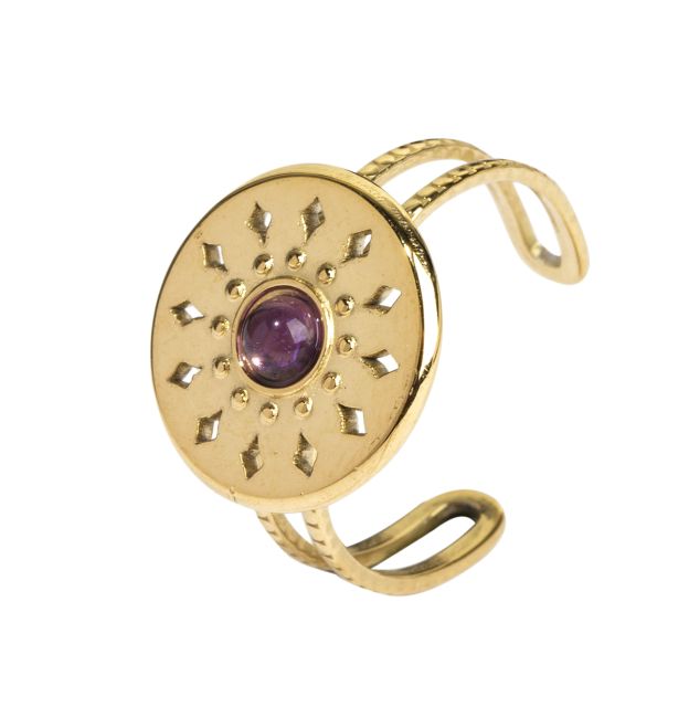 Amethyst Adjustable Golden Stainless Steel Ring A