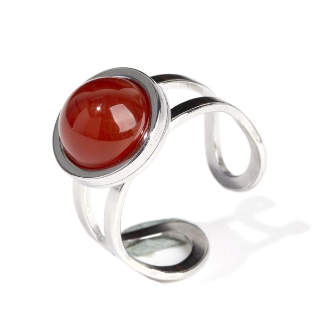 Round Red Agate Silver Stainless Steel Ring A