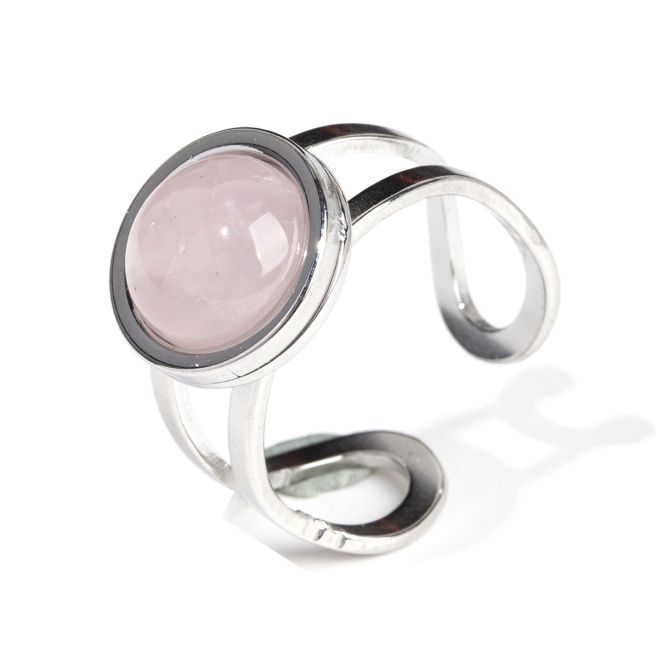 Silver Stainless Steel Ring Round Rose Quartz A