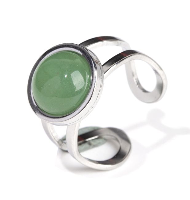 Round Green Aventurine Silver Stainless Steel Ring A