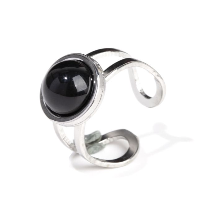 Silver Stainless Steel Ring Adjustable Round Black Onyx A