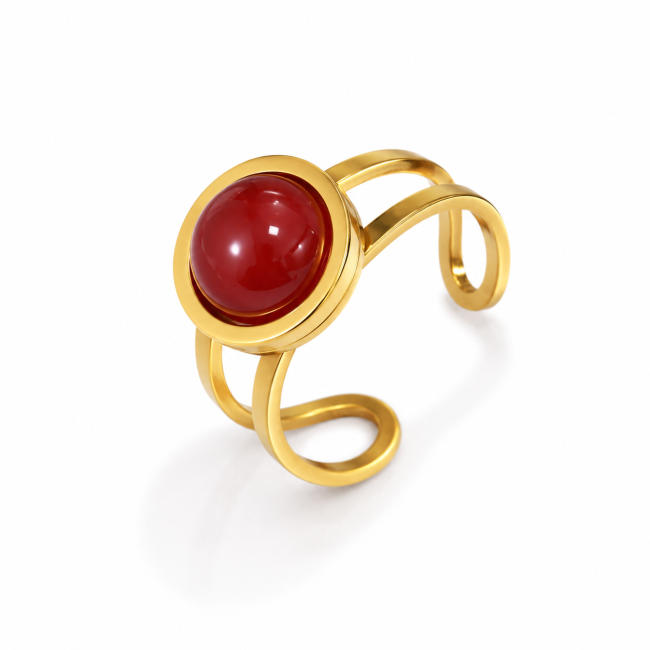 Round Gold-Plated Stainless Steel Ring with Red Agate
