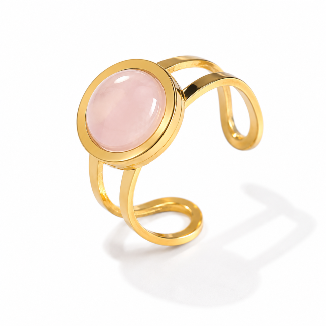 Gold-Plated Stainless Steel Ring with Round Rose Quartz