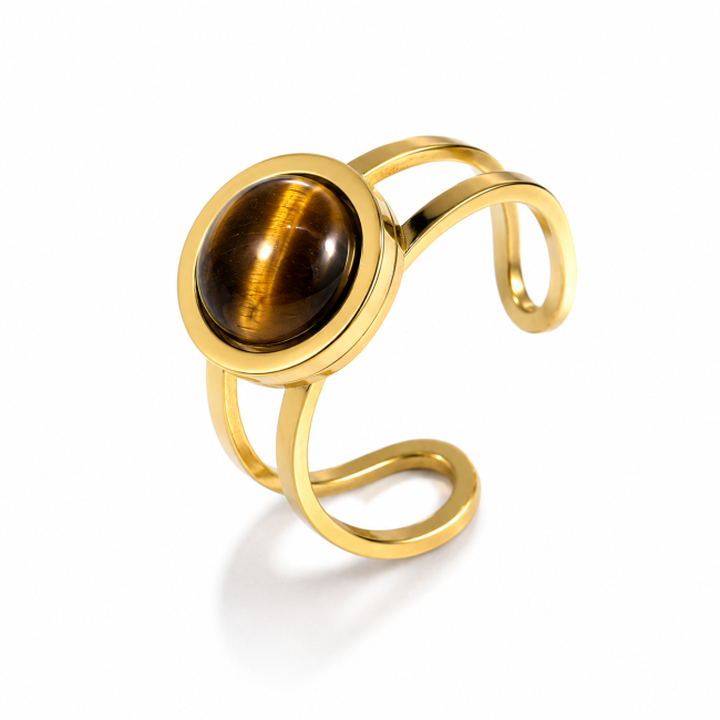 Gold-Plated Stainless Steel Ring with Round Tiger's Eye