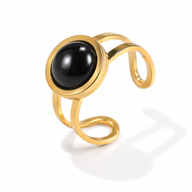 Round Gold-Plated Stainless Steel Ring with Black Obsidian