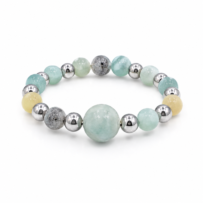 Silver Beaded Ring with Multicolored Amazonite