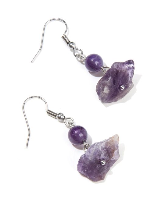 Silver Earrings in Stainless Steel Raw Amethyst A 3.5cm