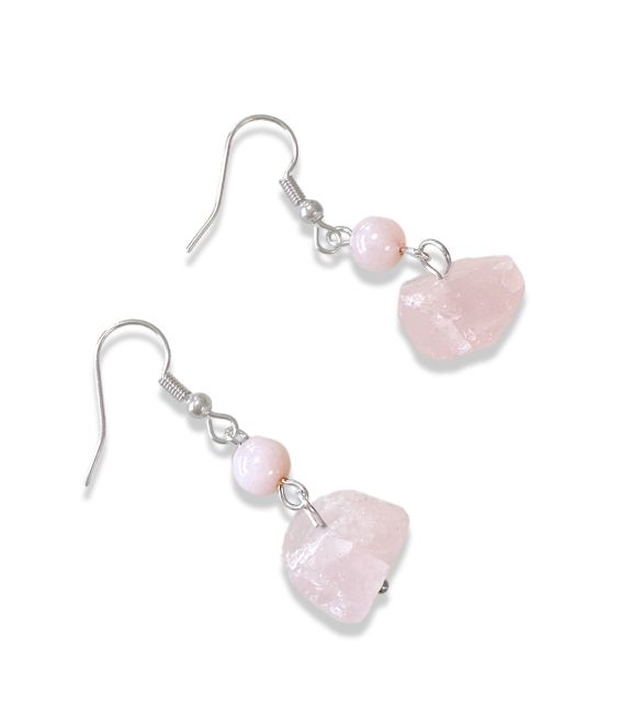 Silver Earrings in Stainless Steel Raw Rose Quartz A 3.5cm
