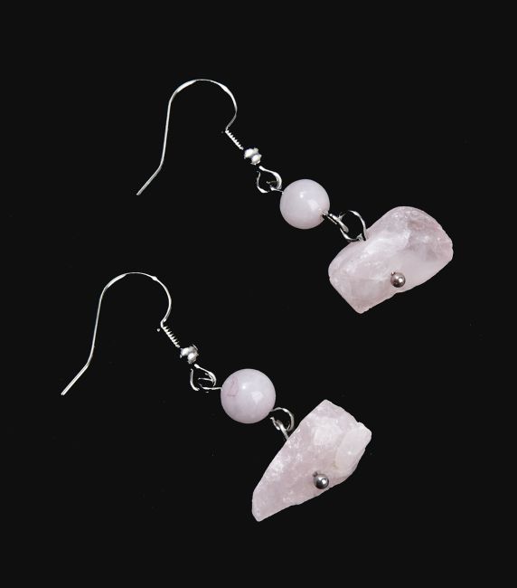 Silver Earrings in Stainless Steel Raw Rose Quartz A 3.5cm