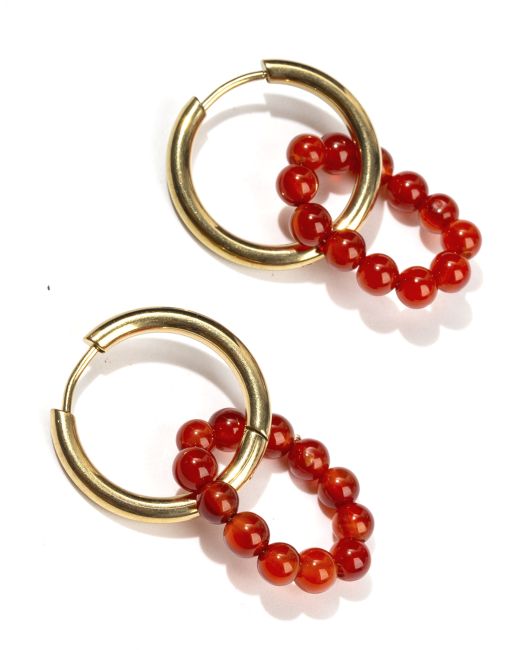 Gold Hoop Earrings in Stainless Steel Red Agate A 3.5cm