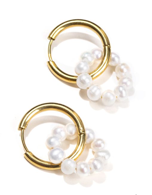 Gold Hoop Earrings in Stainless Steel Freshwater Pearls A 3.5cm