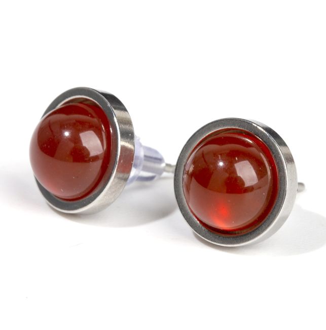 Round Stainless Steel Red Agate Stud Earrings 10mm