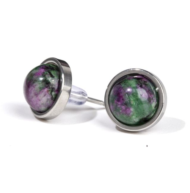 Round Stainless Steel Ruby Zoisite Stud Earrings 10mm
