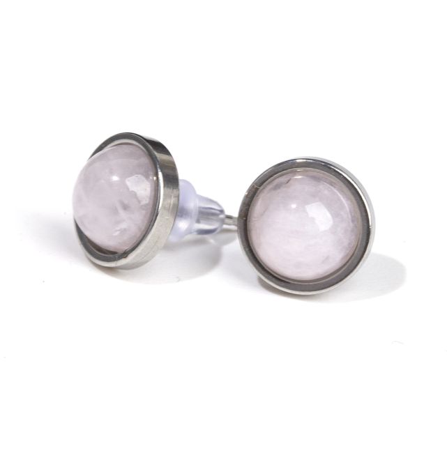 Round Stainless Steel Rose Quartz Stud Earrings 10mm