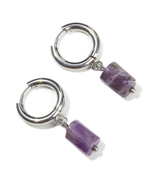 Amethyst Stainless Steel Silver Cylinder Earrings A 11mm