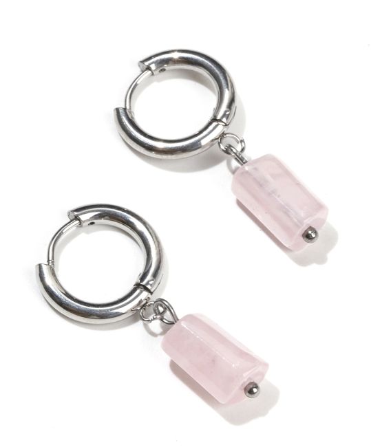 Silver Cylinder Earrings in Stainless Steel Rose Quartz A 11mm