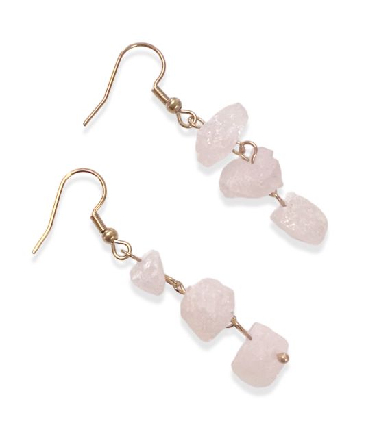 Gold Earrings in Stainless Steel Raw Rose Quartz A 5cm