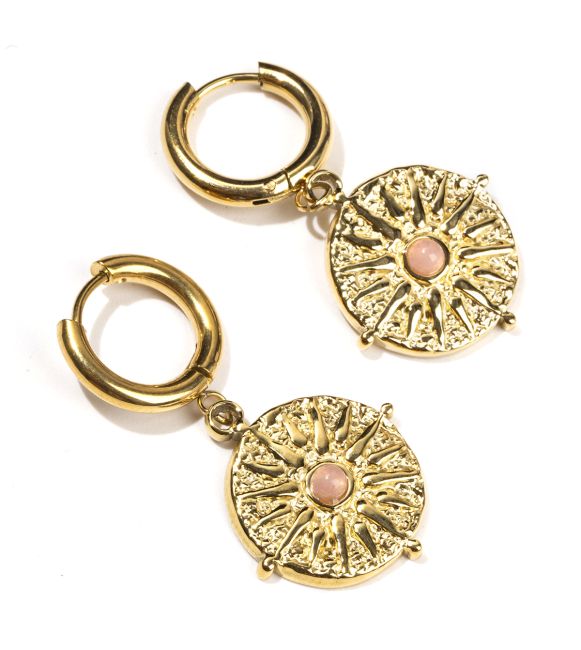 Gold Stainless Steel Rose Quartz Sun Earrings A 39mm