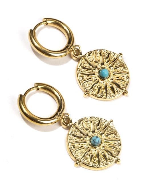 Golden Stainless Steel Sun Turquenite Earrings A 39mm