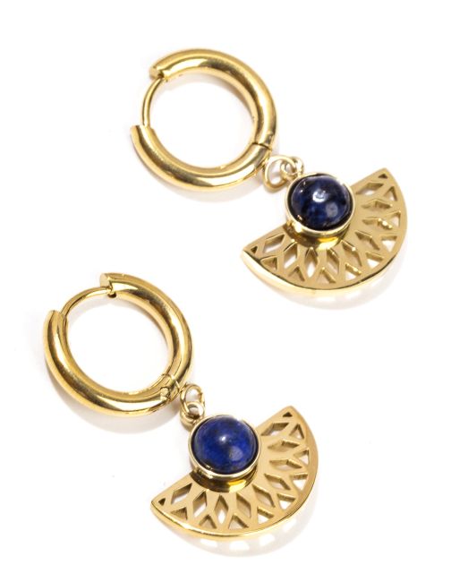 Gold Stainless Steel Aztec Lapis Lazuli AA Earrings 33mm