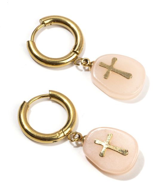 Gold Stainless Steel Aventurine Peach A & Cross Earrings 35mm