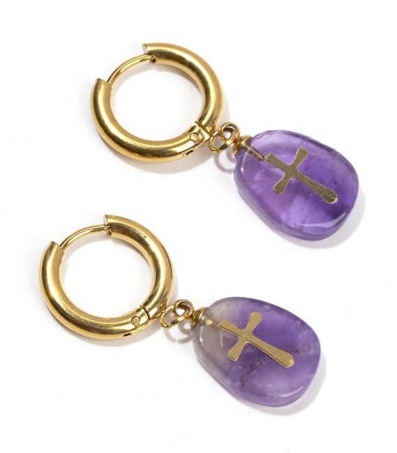 Gold Earrings in Stainless Steel Amethyst A and Cross 35mm