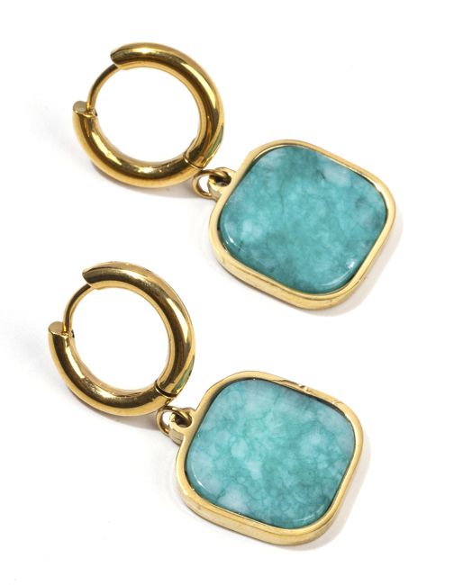 Gold Square Earrings in Amazonite Stainless Steel A 35mm