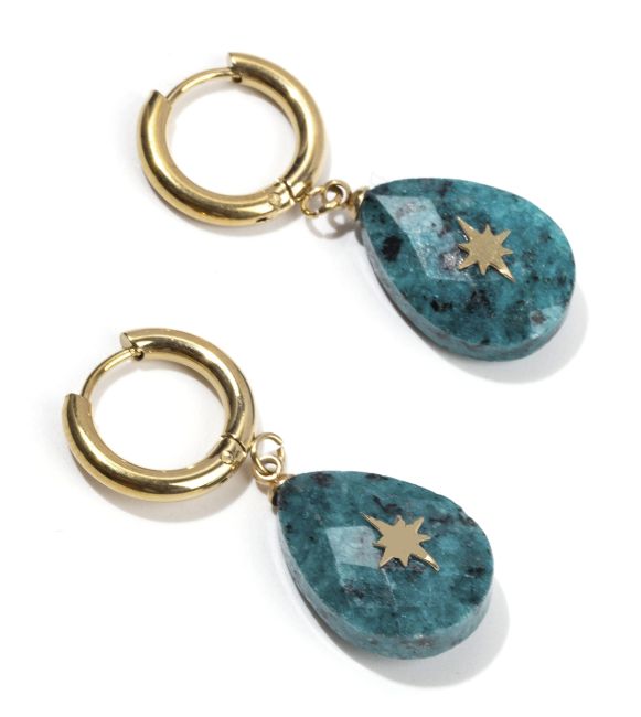 Gold Earrings in Stainless Steel Natural African Turquoise Oval Faceted Star 38mm