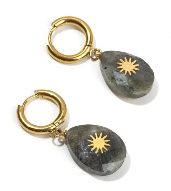 Gold Stainless Steel Labradorite Oval Faceted Sun Earrings 38mm