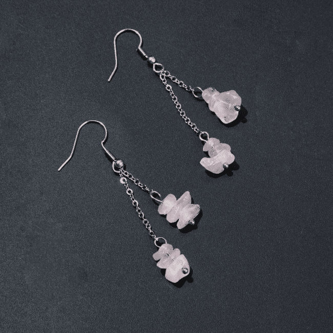 Baroque Silver Earrings in Stainless Steel Rose Quartz 6cm