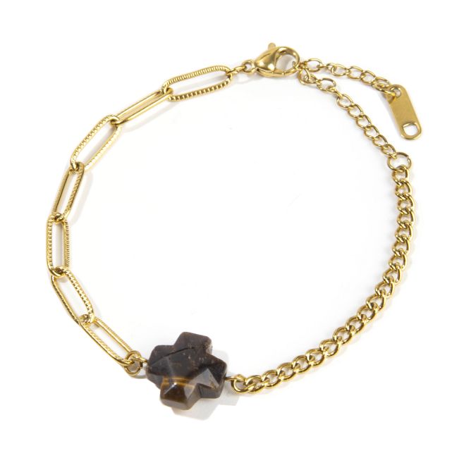 Tiger Eye A and Heart Bracelet in Gold Stainless Steel 16cm