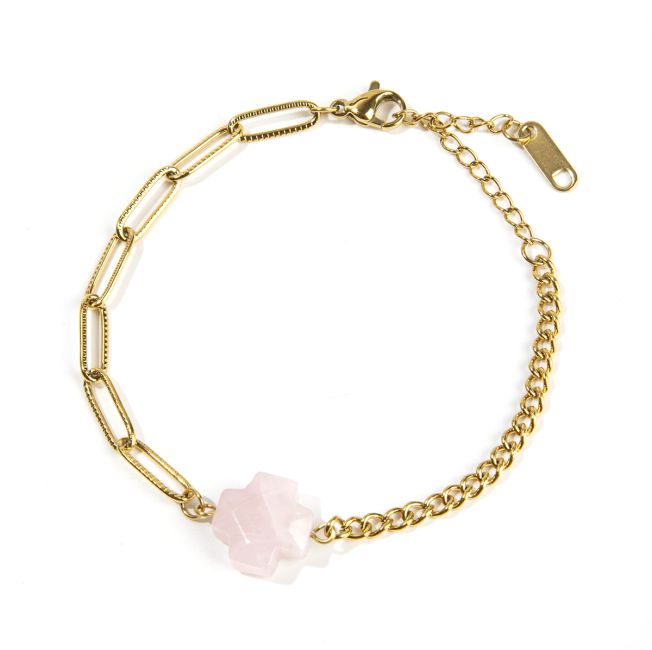 Rose Quartz A Cross Bracelet in Gold Stainless Steel 16cm