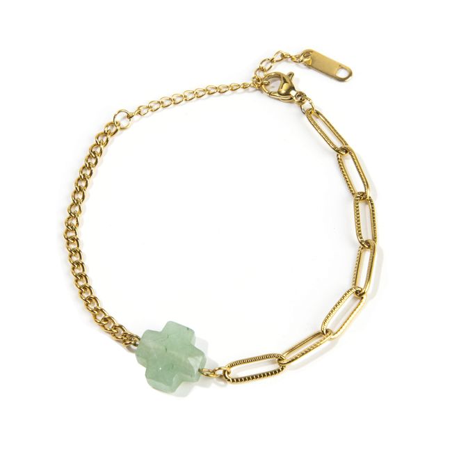 Green Aventurine Cross Bracelet A in Gold Stainless Steel 16cm