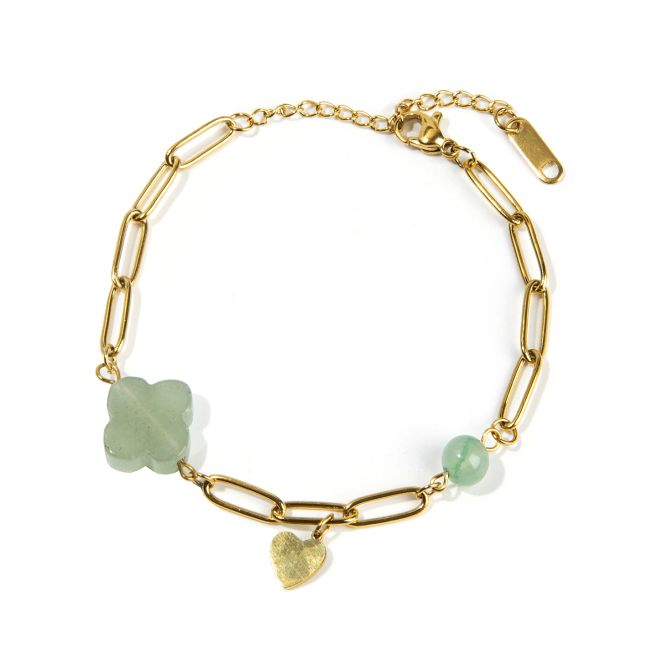 Green Aventurine Cross Bracelet A and Heart in Gold Stainless Steel 16cm