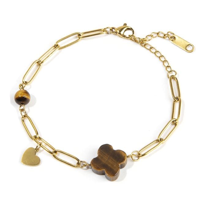 Tiger Eye Cross Bracelet A and Heart in Golden Stainless Steel 16cm