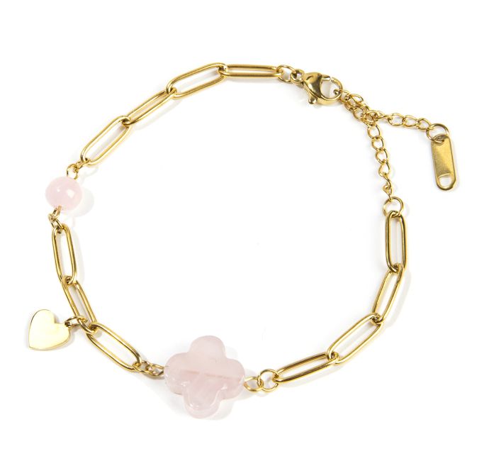 Rose Quartz Cross Bracelet A and Heart in Golden Stainless Steel 16cm