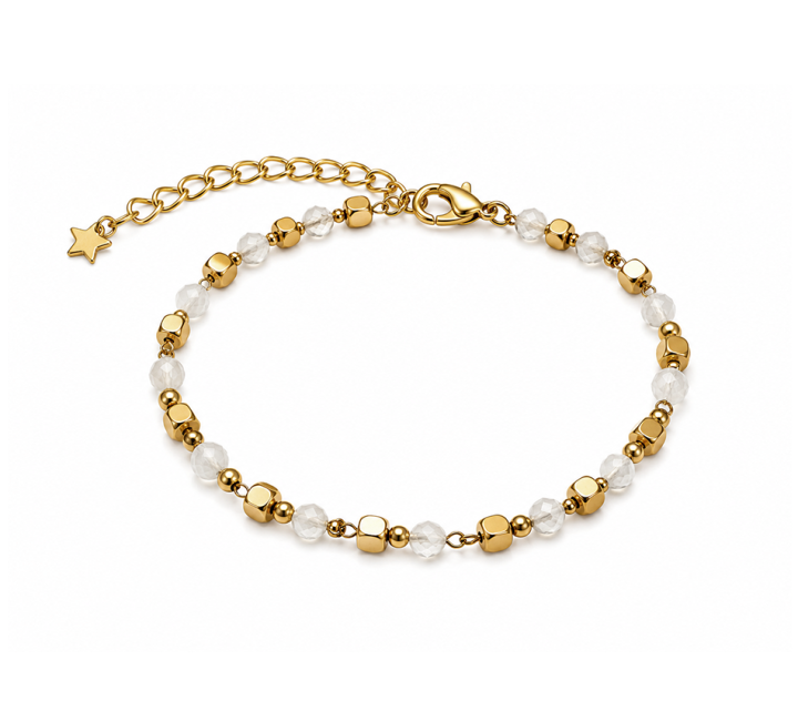White Moonstone Energy Bracelet A – Gold Beads