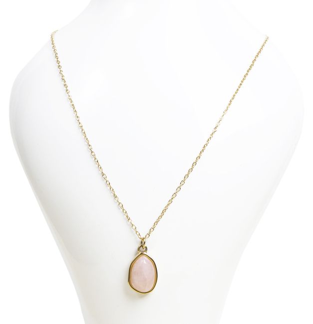 Gold Stainless Steel Necklace with Aztec Rose Quartz Pendant AA 6mm