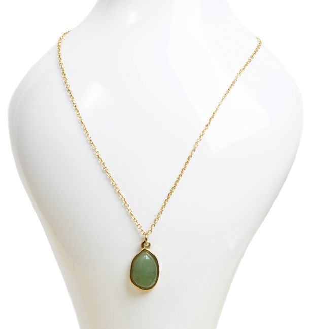 Gold Stainless Steel Necklace with Geometric Green Aventurine Pendant A 15mm