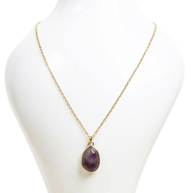 Golden Stainless Steel Necklace with Amethyst Geometric Pendant AA 15mm