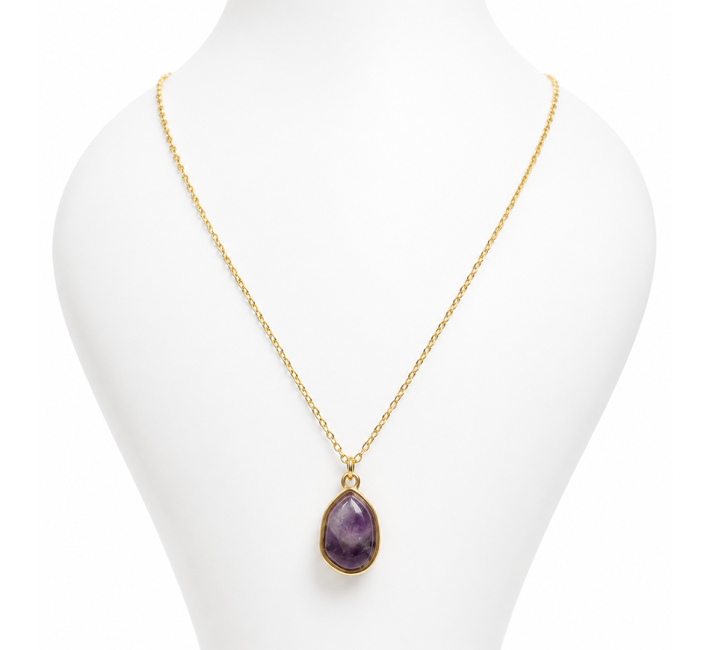 Gold Stainless Steel Necklace with Geometric Amethyst AA Pendant 15mm