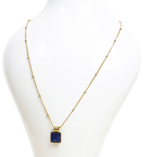 Gold Stainless Steel Chain Necklace with Square Lapis Lazuli Pendant AA